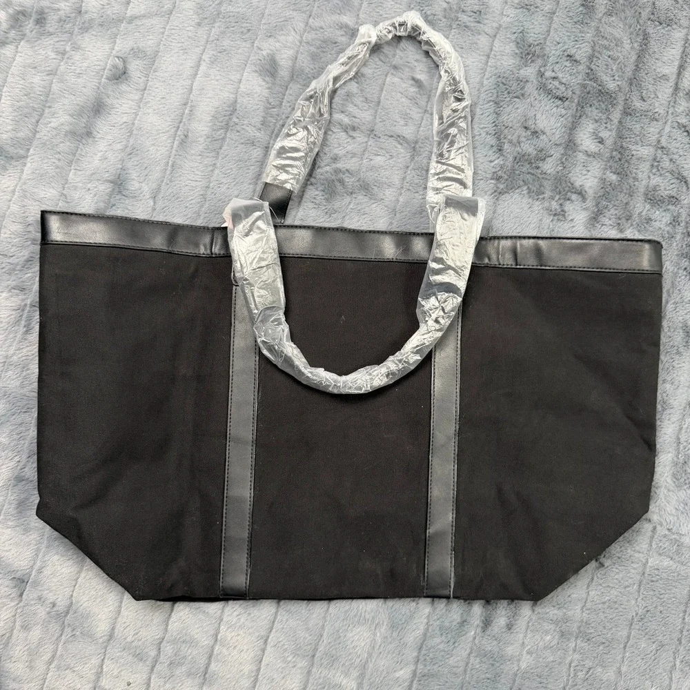 Victoria's Secret Tote Bag Womens OS Black Canvas Faux Leather Braided Tassel